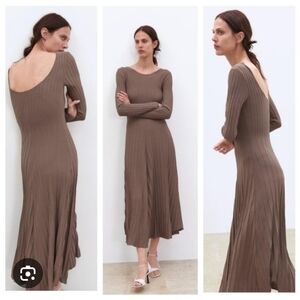 Zara Elegant Brown Ribbed Knit Dress